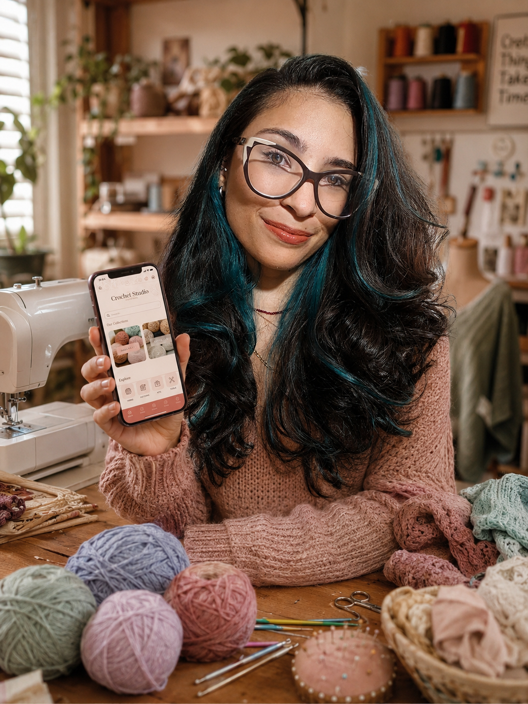 Júlia, criadora do Ateliê que Sustenta, em seu ateliê de crochê